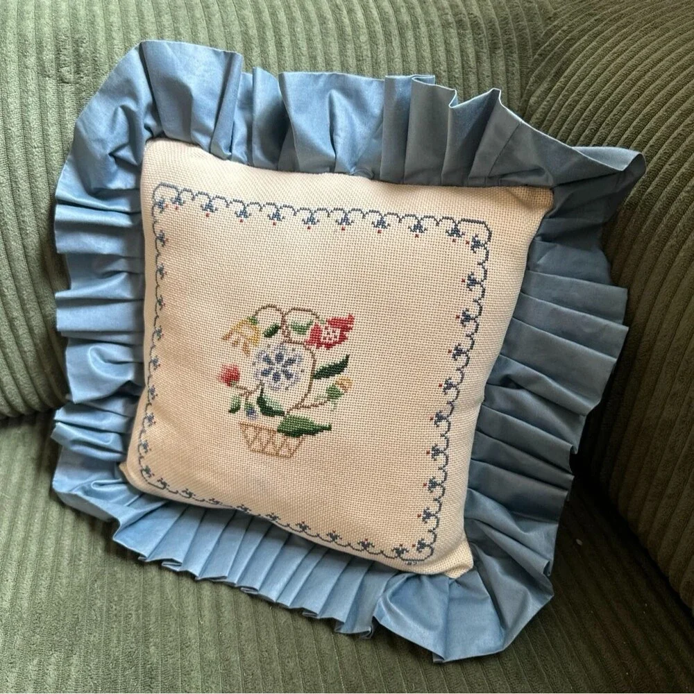 Vintage Floral Throw Pillow 15 X 15 Cottagecore Embroidery Floral Needlepoint